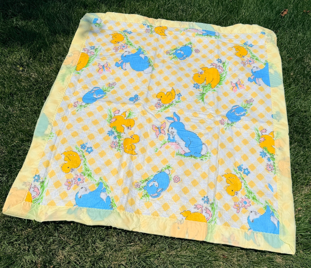 Vtg Beacon Baby Blanket Acrylic 1980s Yellow Blue Silkie Satin Trim Ducks Bunny